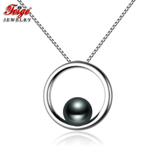 Fashion 925 Sterling Silver 7-8mm Black Freshwater Cultured Pearl Pendant Necklace for Women Gifts