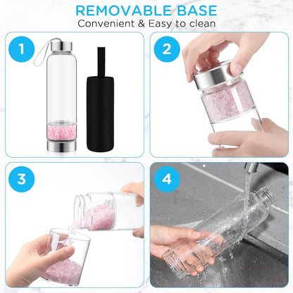 2 Pieces Crystal Glass Water Bottle with Gemstone Center Natural Amethyst and Rose Quartz Clear Water Bottle Quartz Crystal Cup Energy Cup for Healing and Wellness