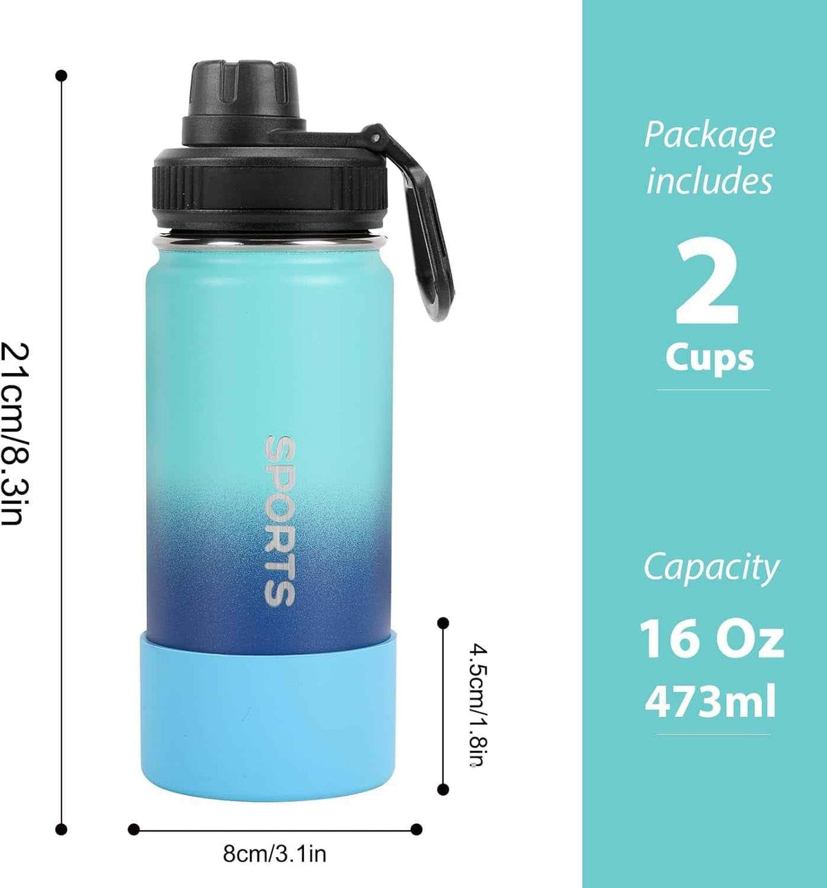 16Oz Water Bottle 2 Pack, Sport Drinking Bottles Stainless Steel Leak Proof, Double Walled Vacuum Insulated Tumbler, Metal Gym Travel Mug Togo, Insulated Cup for Men, Women, Kids (Gradient)