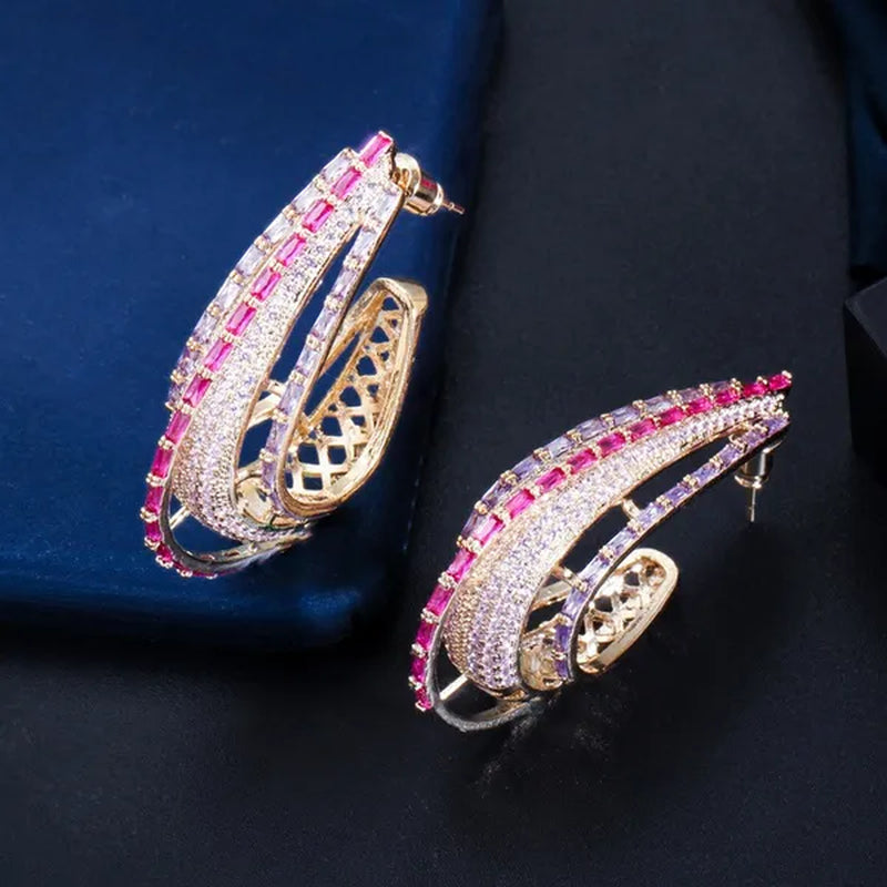 CANDICE Dubai Luxury Trendy Ear Jewelry Full Micro Pave Rose Red Purple CZ Crystal Hollow-out Design Arc Hoop Earrings for Dinner Party