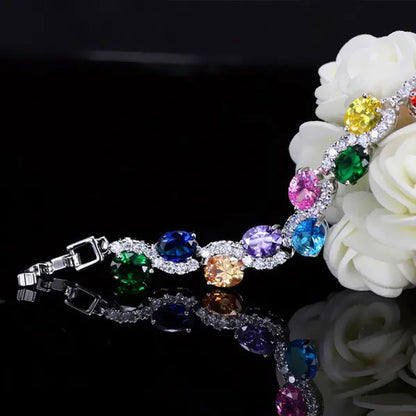 CANDICE Brilliant Multicolor Cubic Zirconia Crystal Pave Setting S Shaped Silver Plated Tennis Bracelets Bangles for Women New Summer Jewelry