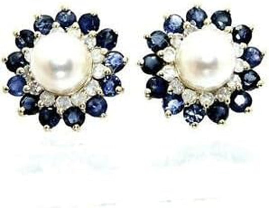 Vintage 14K Yellow Gold Plated 1.36 Ct Sapphire Pearl Diamond Floral Stud Earrings