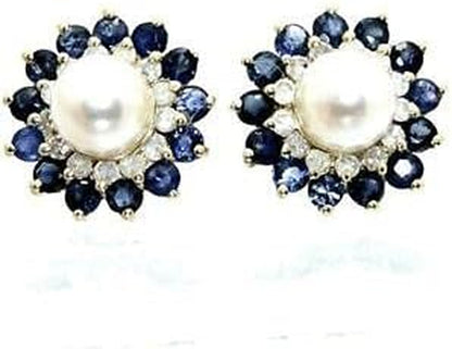 Vintage 14K Yellow Gold Plated 1.36 Ct Sapphire Pearl Diamond Floral Stud Earrings