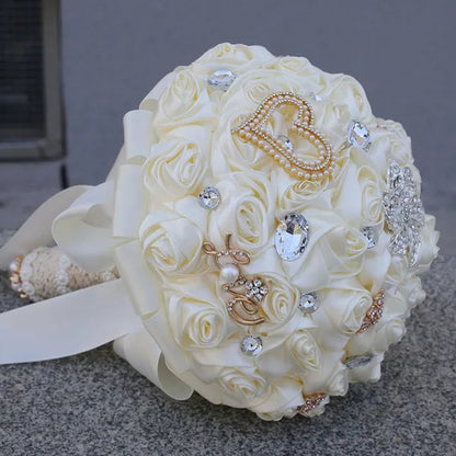 21CM Silk Rose Wedding Flower Bouquet Pearl Rhinestone Brooch Bouquet Bride Bridesmaid Holding Flowers Wedding Party Shooting Props