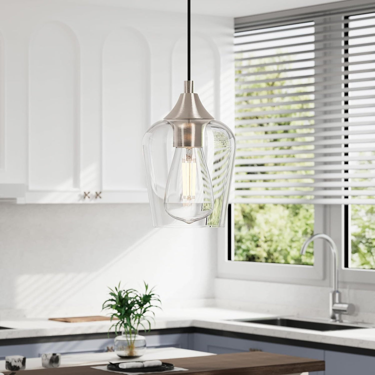 Pendant Light Kitchen Island, Brushed Nickel Pendant Light Fixture with E26 Base & Adjustable Cable, Modern Pendant Lighting with Glass Shade for Living Room Bedroom Hallway
