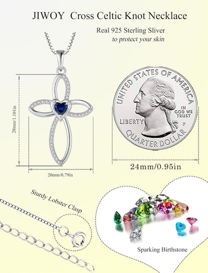 Celtic Knot Cross Necklace Sterling Silver Crucifix Pendant Heart Birthstone Religious Jewelry for Women