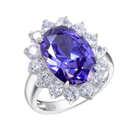 Newshe 6 Carats Oval Created Blue Tanzanite Gemstone Statement Ring for Women AAA CZ Cocktail Party Ring 925 Sterling Silver Sz 5-12