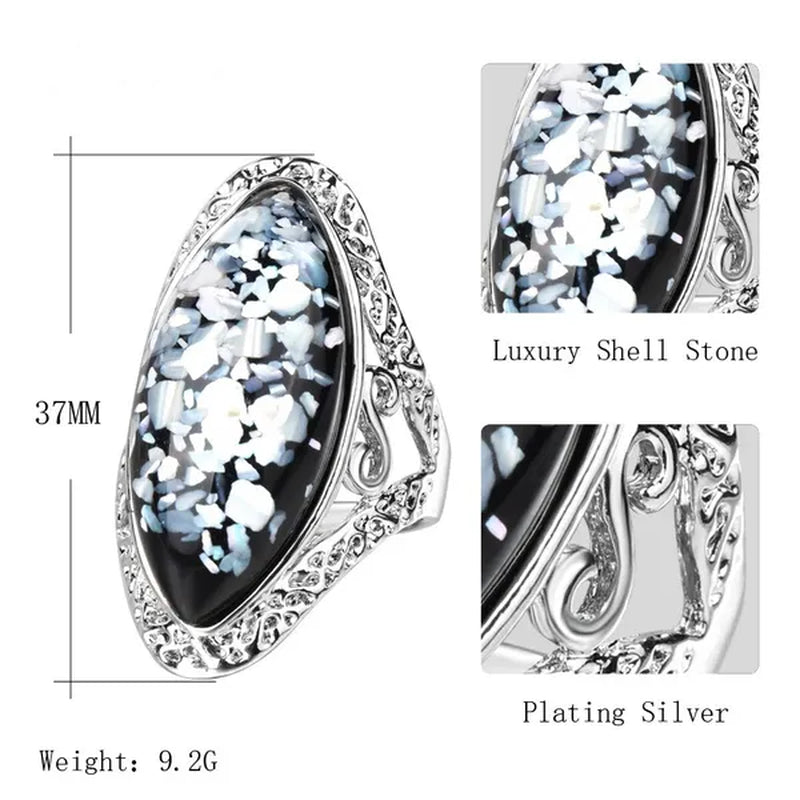 Vintage Jewelry Magic Natural Shell Silver Ring Ancient Silver Carved Big Ring Couple Antique Jewelry  Sterling Silver Bride Wedding Engagement Vintage Men Ring Gift Aneis Feminino Bijoux