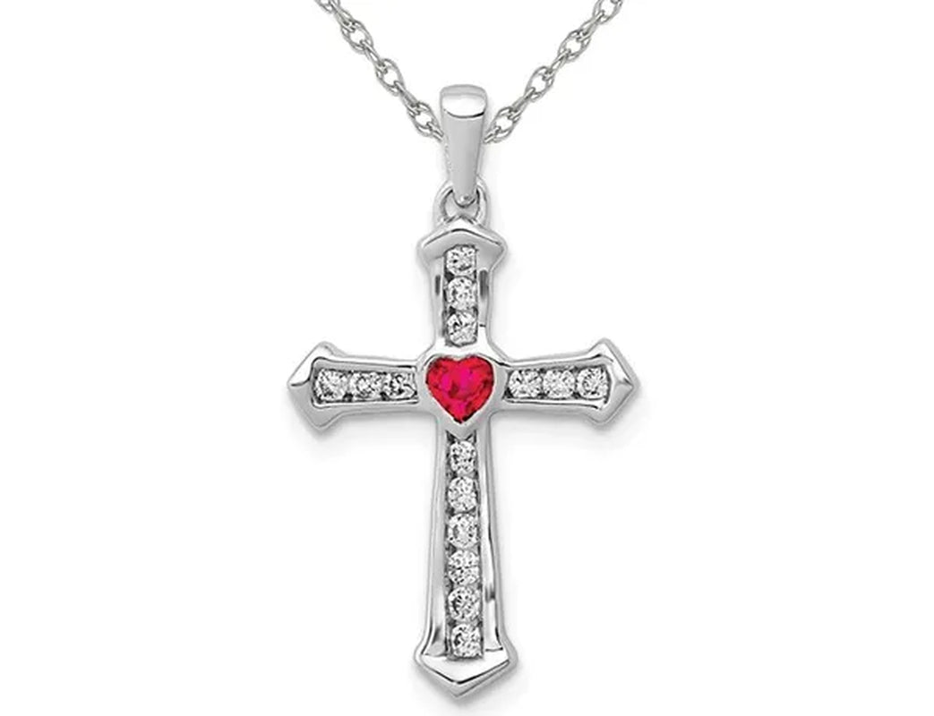 Natural Ruby 1/10 Carat (ctw) Cross Heart Pendant Necklace with Diamonds 1/5 Carat (ctw) in 14K White Gold