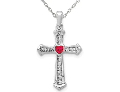 Natural Ruby 1/10 Carat (ctw) Cross Heart Pendant Necklace with Diamonds 1/5 Carat (ctw) in 14K White Gold