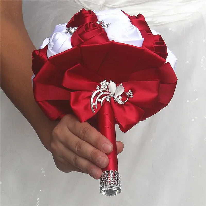 Private Custom Wedding Flower Bride Bouquet 18CM Silk Rose Wedding Bouquet Crystal Brooch Ribbon Bow Bride Bridesmaid Holding Flowers