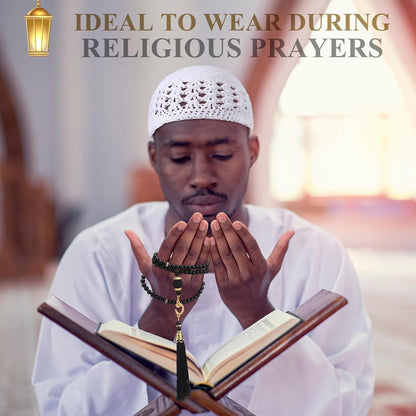 6 Pieces Kufi Hats and Muslim Prayer Beads for Men Prayer Cap Breathable Skull Crochet Cap Muslim Tasbih 99 Beads Muslim Ramadan Gifts Helmet Liner Black White