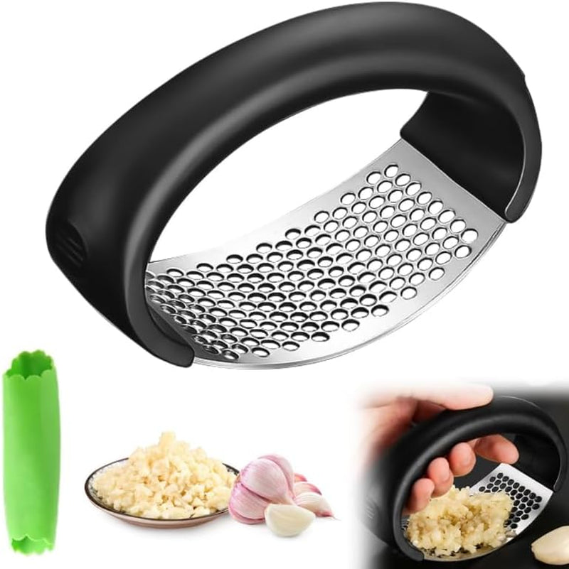 Garlic Press Rocker, Portable Manual Stainless Steel Garlic Press Rocker Crusher Masher with Garlic Peeling Drum for Home Kitchen Utensils (Black)