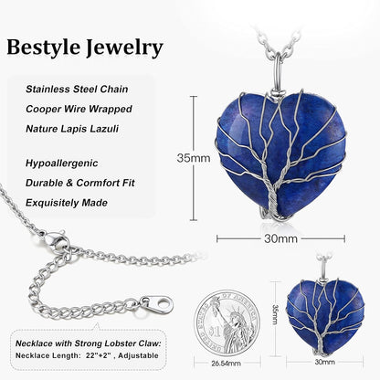Tree of Life Wrapped Healing Crystal Necklaces 12 Month Birthstone Pendant for Women, Crescent/Heart Gemstone Jewelry, Vintage Birthday Gifts/Energy Gift