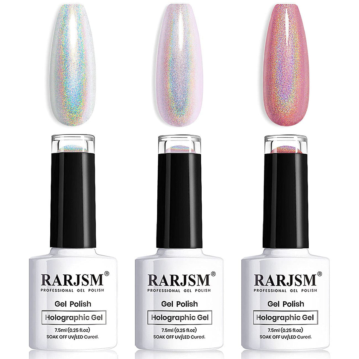 Holographic Gel Nail Polish Set 3PCS Rose Gold Pink Purple Gorgeous Glossy Soak off Nail Gel with Glitter Mermaid Unicorn Effect Lamp Curing Required for Nail Art Design Manicure Salon DIY at Home