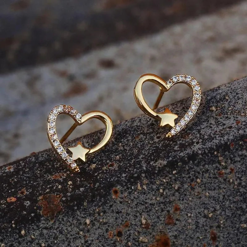 14K  Gold Love Heart Star White Zircon Stud Earrings for Women Wedding Engagement Bride Jewelry Gift