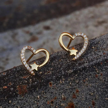 14K  Gold Love Heart Star White Zircon Stud Earrings for Women Wedding Engagement Bride Jewelry Gift