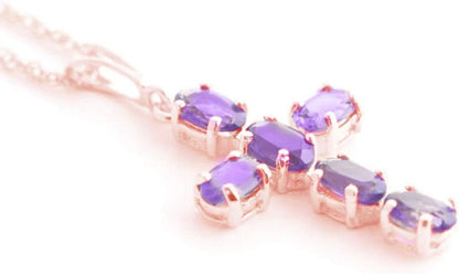 14K Gold Natural Purple Amethyst Cross Pendant Necklace