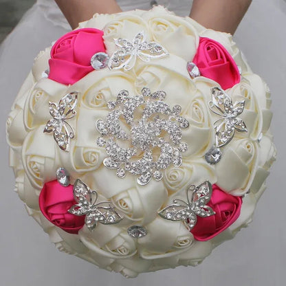 18CM Stunning Red Butterfly Diamond Flowers Brooch Stitch Wedding Bouquet Mariage Polyester Bride Holding Flowers Ribbon Bridesmaid Bouquet