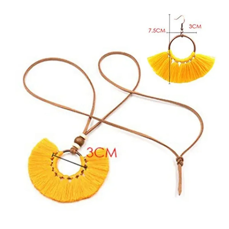 Retro Bohemia Tassel Fan-Shaped Necklace Earrings Set Tassel Jewelry Set Ethnic Big Necklace Beach Wear