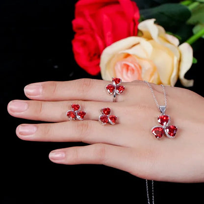 CANDICE Sterling Silver Plated Heart Shape Jewelry Set Pave Austrian Purple Pink Champagne Crystal Drop Dangle Necklace Earrings Ring Sets for Women Girls