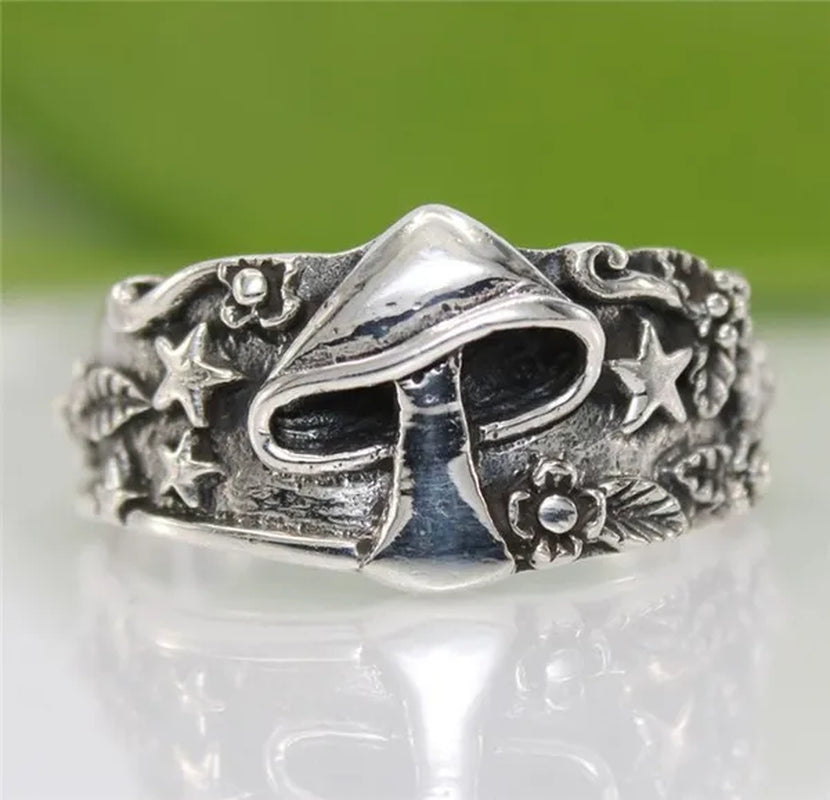 Exquisite Fashion Jewelry 925 Sterling Silver Mushroom and Star Ring Men and Women Wedding Band Engagement Promise Rings Anniversary Birthday Christmas Friendship Gift Couple Jewelry Rings Size 6-13