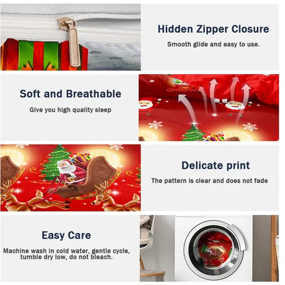 3Pcs/Set Christmas Duvet Cover Pillowcase Set,Christmas Holiday Decorative Comforter Cover Set Red with Christmas Reindeer and Snowflake Patterns Pillowcase (Quilt, pillow heart not included)
