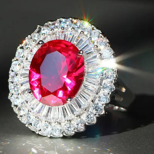 Luxurious  Silver Natural Gemstones Ruby And White Sapphire Wedding Birthstone Bride Engagement Multilevel Square Ring Jewelry Size 6 7 8 9 10