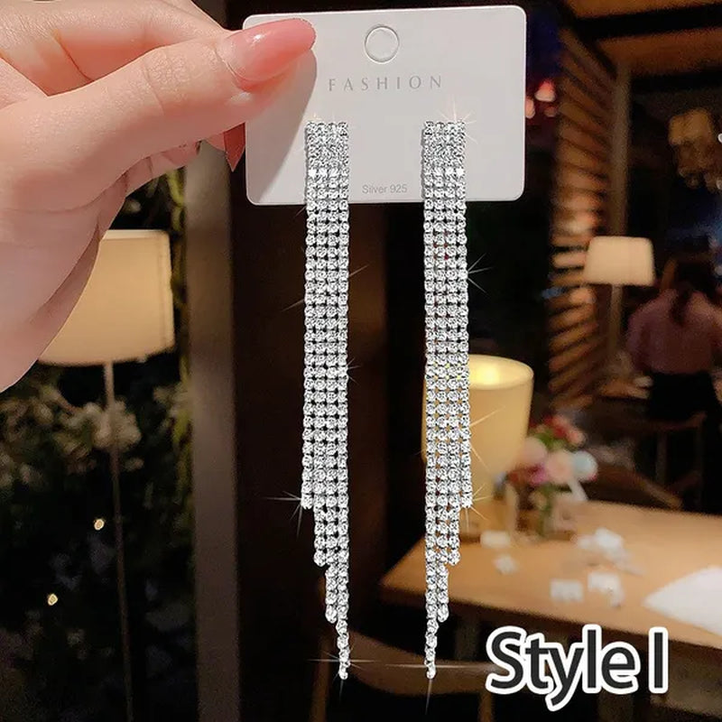 Fashion Women Clear Rhinestone Long Tassel Earrings 925 Silver Needle Temperament Earring Luxury Lady Party Drop Earrings