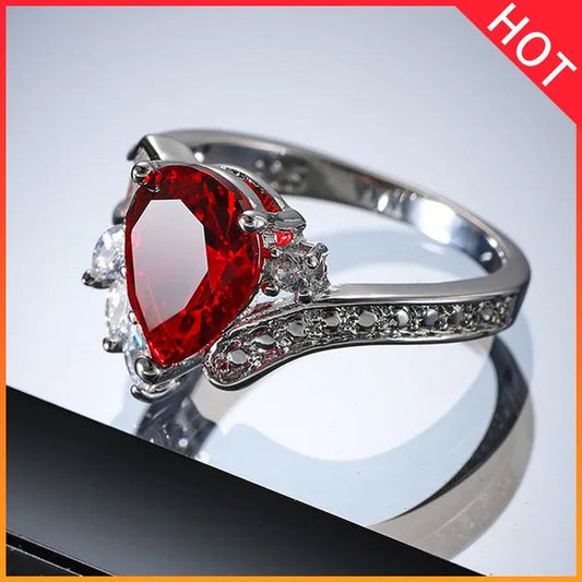 New silver-plated Fashion Natural Ruby Angel Teardrop Diamond Ring Engagement Wedding Ring Anniversary Christmas Gift Jewelry Accessories Size 5-11