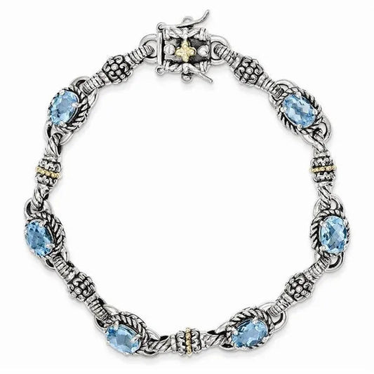 Shey Couture QTC407 Sterling Silver with 14K Yellow Gold Swiss Blue Topaz Bracelet - Polished & Antiqued
