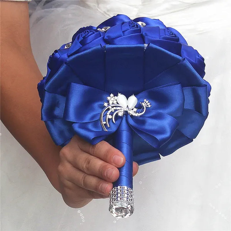 Private Custom Wedding Flower Bride Bouquet 18CM Silk Rose Wedding Bouquet Crystal Brooch Ribbon Bow Bride Bridesmaid Holding Flowers