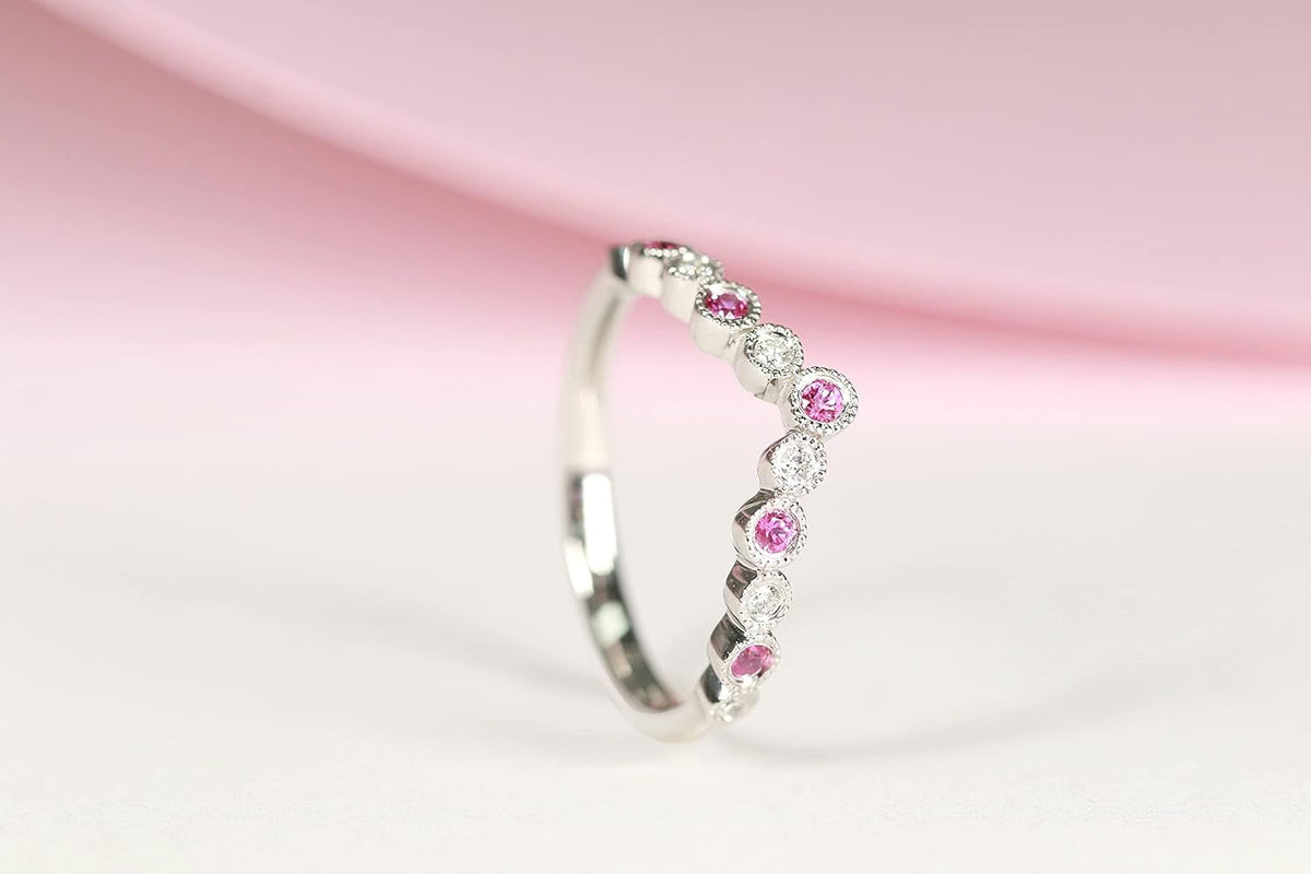 14K White Gold Mozambique Genuine Hot Pink Ruby Ring with Diamonds for Women | Ethically, Authentically & Organically Sourced (Round-Cut) Shaped Ruby Hand-Crafted Jewelry for Her | Ruby Ring for Women