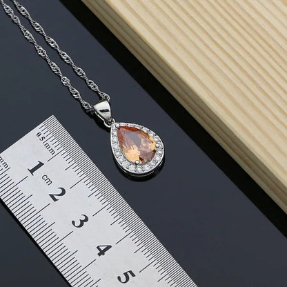 925 Sterling Silver Jewelry Set Natural Champagne Topaz Gemstone Charm for Women Wedding Jewellery