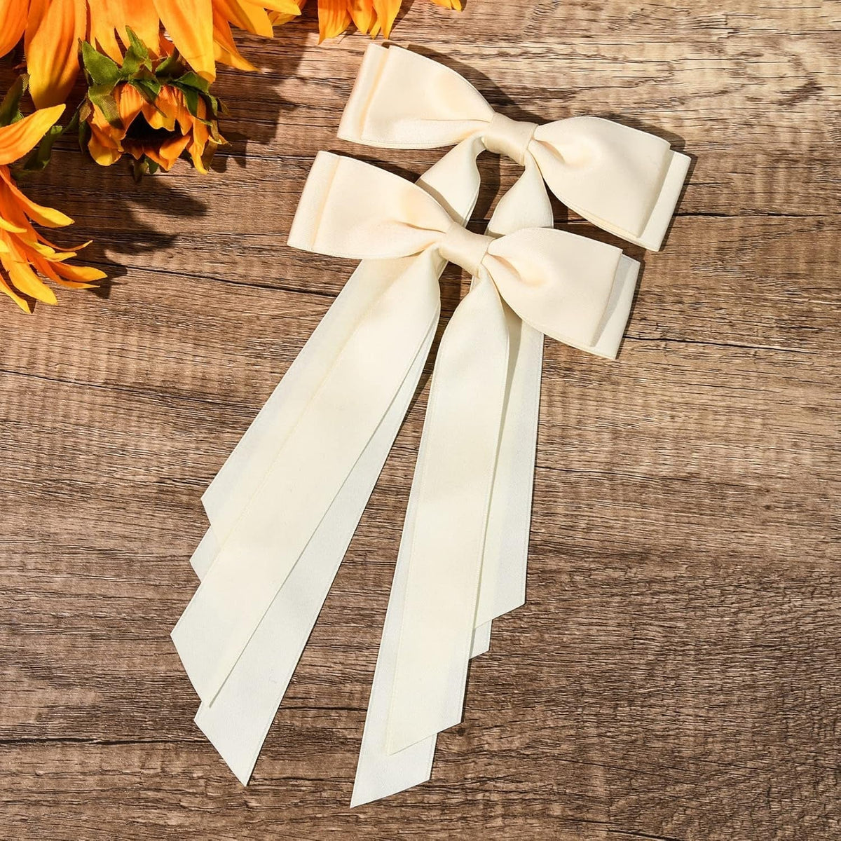 2PCS Silky Satin Hair Bows Hair Clip Beige Hair Ribbon Ponytail Holder Accessories Slides Metal Clips Hair Bow for Women Girls Toddlers Teens Kids