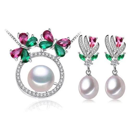 Majesty Diamonds MDS210089 Multi White Freshwater Pearl Drop, Dangle Floral Earrings & Pendant Set in 0.925 White Sterling Silver