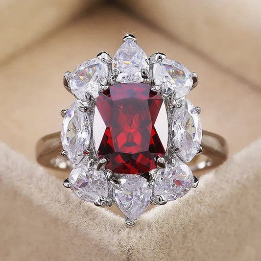 Luxury 925 Sterling Silver Natural Ruby Diamond Ring Bridal Wedding Engagement Fine Jewelry Size 6-10