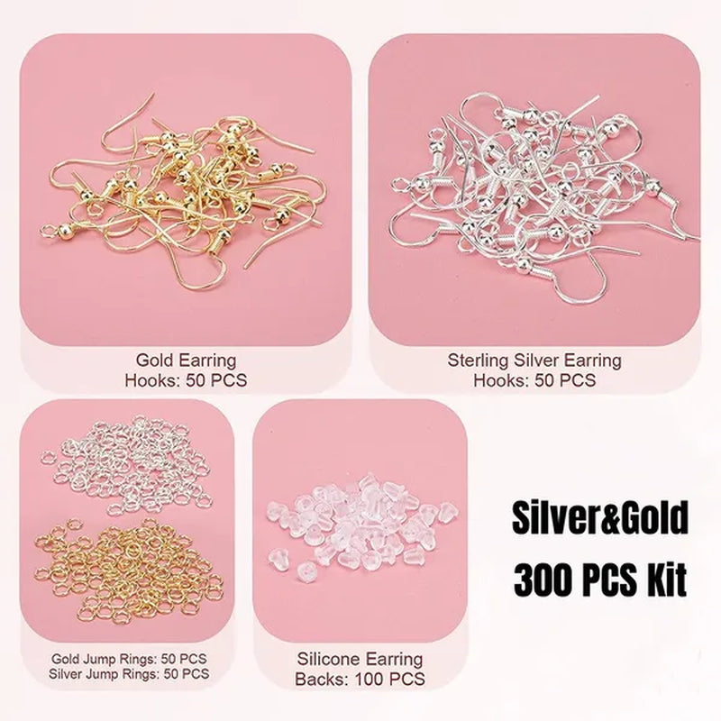 925 Sterling Silver Earring Hooks, 300PCS Earring Hooks Kit - 100PCS Hypoallergenic Earring Hooks for Jewelry Making with 100PCS Open Jump Rings and 100PCS Rubber Earring Backs
