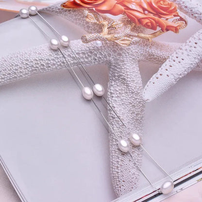 Real 925 Sterling Silver Natural White Ellipse Freshwater Pearl Chain Necklace for Women Gifts FEIGE