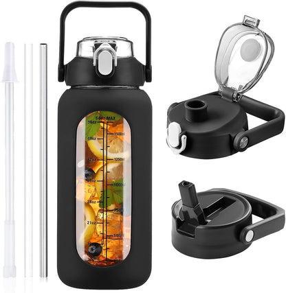 64 Oz Glass Water Bottle with Straw and 2 Lids, Half Gallon Water Bottle with Sleeve, Large Insulated 2 Liter Glass Water Jug Time Marker with Handle