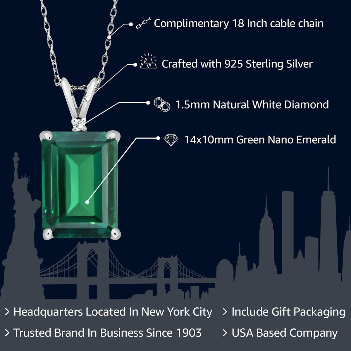 14X10MM Emerald Cut Gemstone Birthstone and White Diamond Necklace | 925 Sterling Silver | Pendant Necklace for Women | with 18 Inch Silver Chain