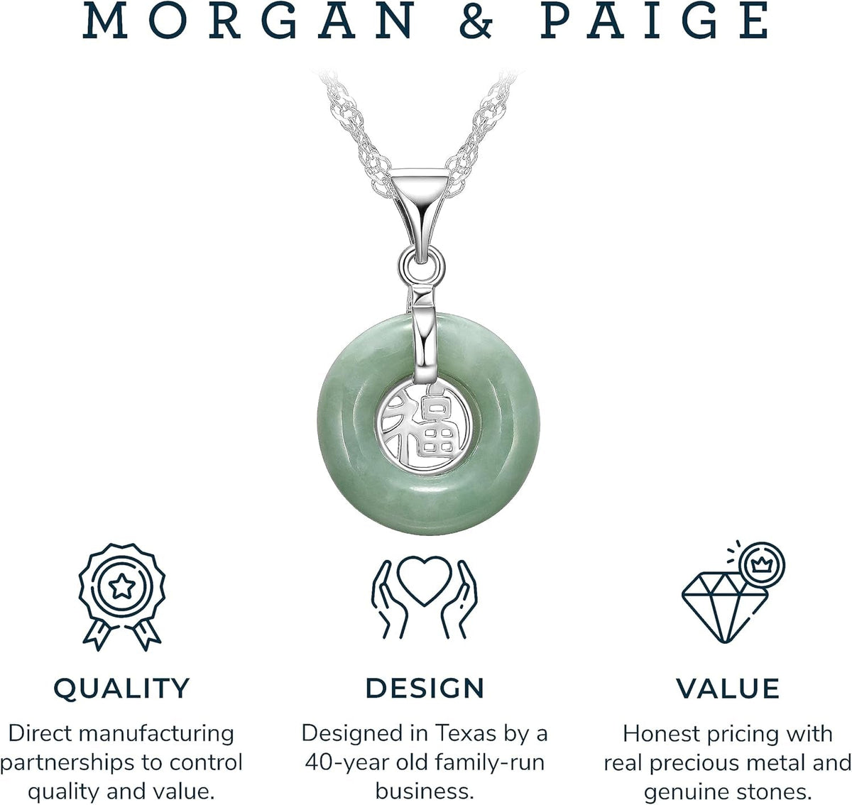 .925 Sterling Silver Rhodium Plated Genuine Jade Necklaces for Women - Green Jade Good Fortune Fu Symbol Dainty and Lightweight Sterling Silver Necklace for Women, 18 Inch
