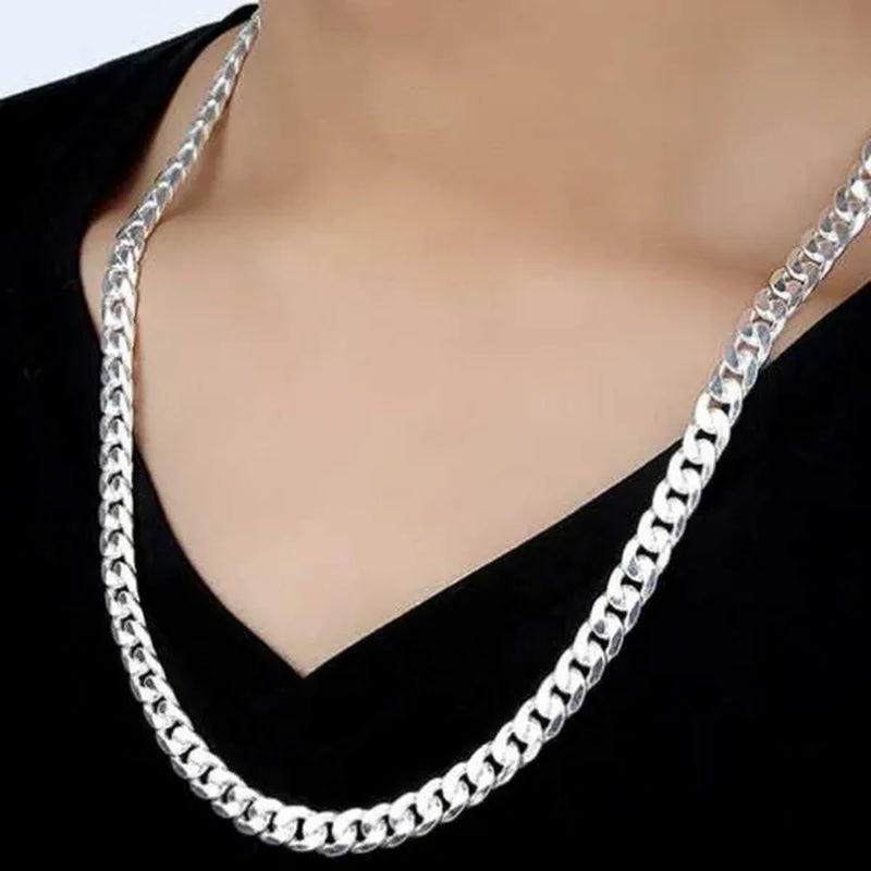 Solid 925 Sterling Silver Italian 7mm Solid Diamond-Cut Cuban Link Curb Chain Necklace for Men