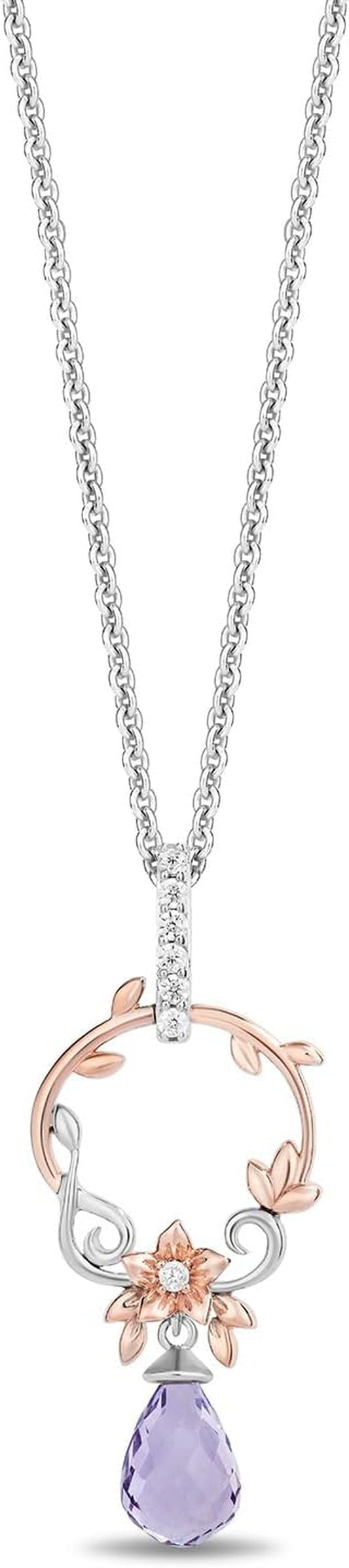 Enchanted Disney Fine Jewelry 14K Rose Gold over Sterling Silver with 1/10 CTTW Diamonds and Rose De France Briolette Rapunzel Pendant Necklace