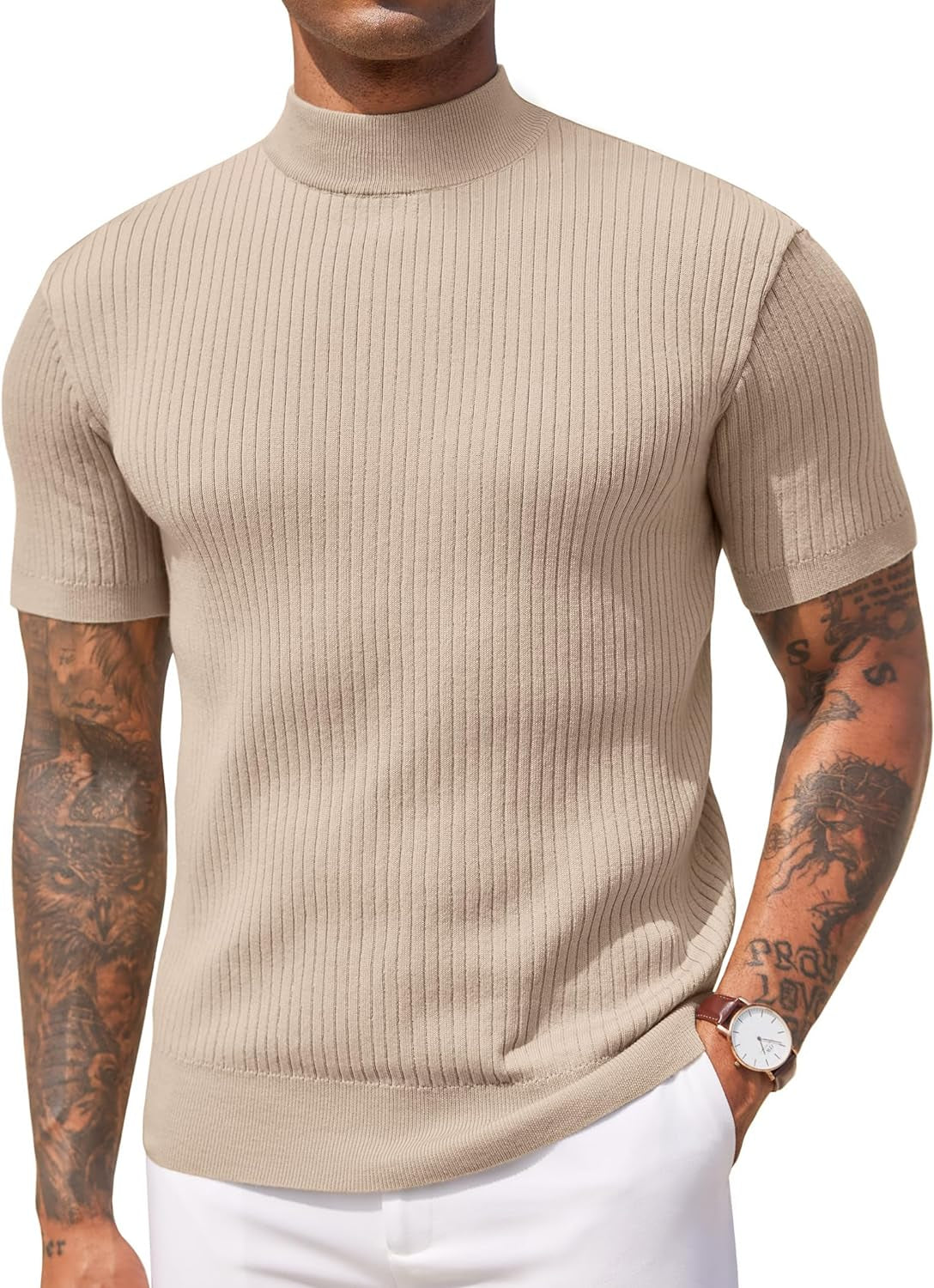 Men's Mock Turtleneck Sweater Short Sleeve Casual Basic Pullover Sweater Ribbed Knit Pullover Solid Tee