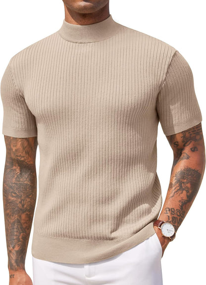Men's Mock Turtleneck Sweater Short Sleeve Casual Basic Pullover Sweater Ribbed Knit Pullover Solid Tee