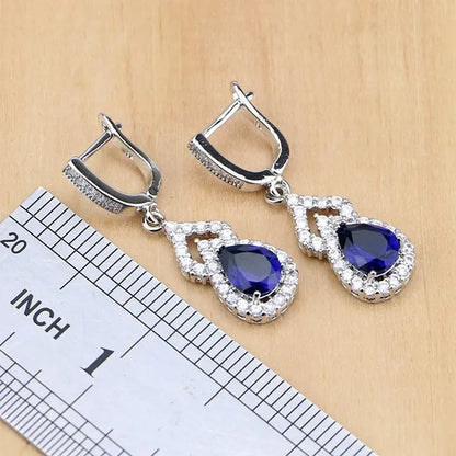 925 Silver Jewelry Sets Blue Sapphire White Topaz Open Rings Earrings Pendant Necklace Bracelet For Bridal  Women