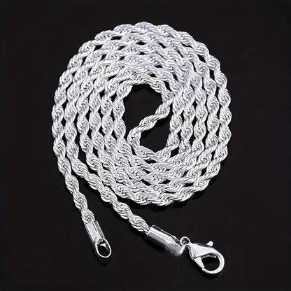 Fashion and Exquisite Men and Women 925 Silver Solid Silver 4Mm Rope Chain Necklace Bracelet (Necklace + Bracelet)