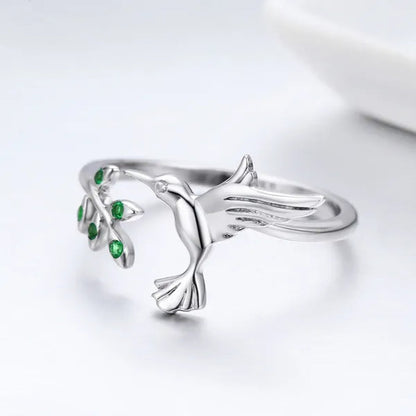 Hot Cute Bird Animal Open Ring 925 Sterling Silver Green Zircon Leaf Ring For Women Fashion Jewelry Gift