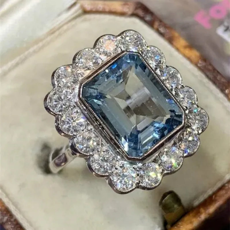 Trendy Aquamarine Amethyst Rings Silver Plated Woman Gemstone Ring Natural for Jewelry Blue Sapphire Square Ring Party